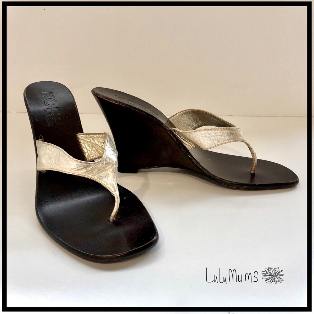Michael Kors Pool Heels Wedge Soft Metallic Gold Leather Thong Sandal